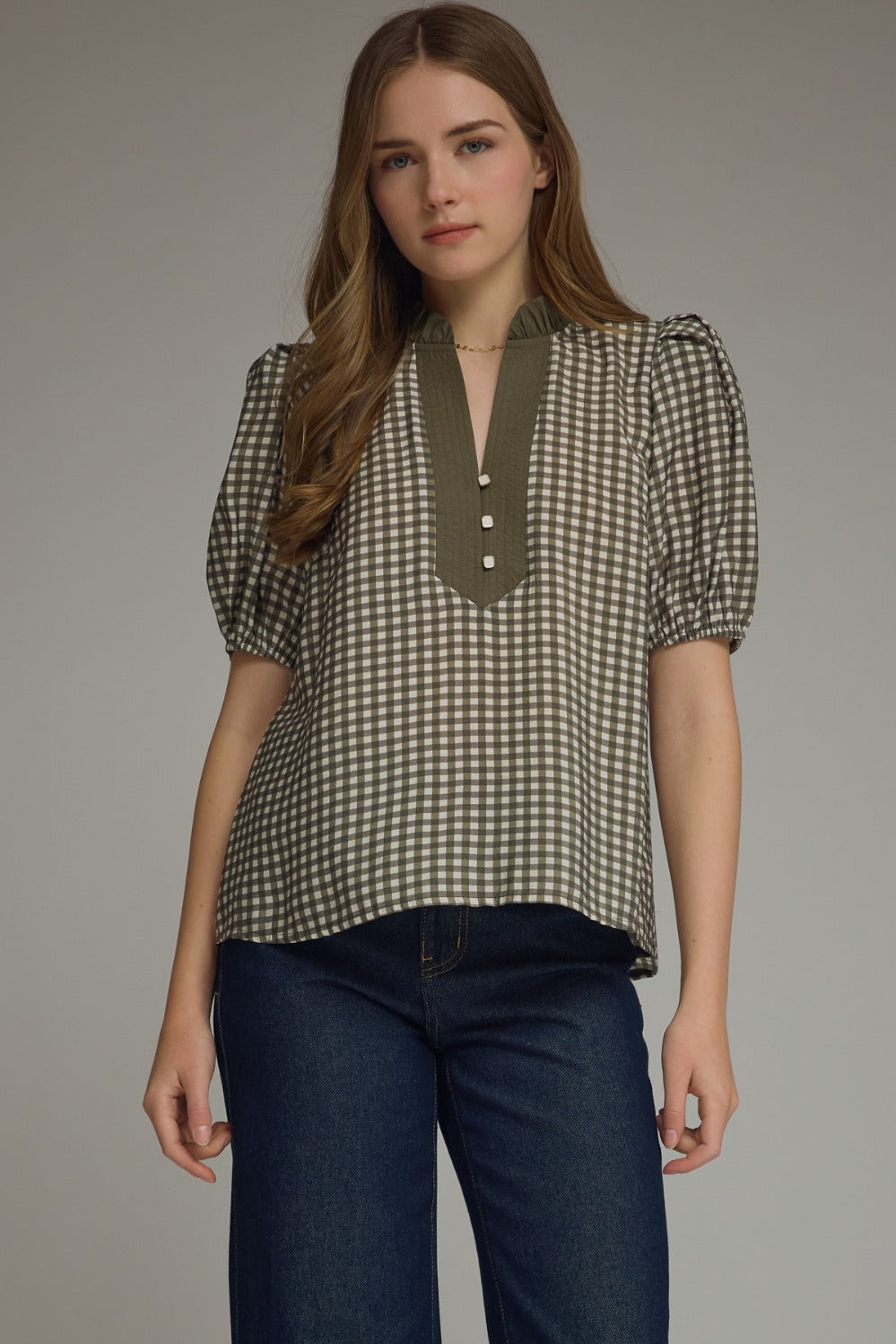 Model wearing the Entro Cherry Blossom Top in Red Bean