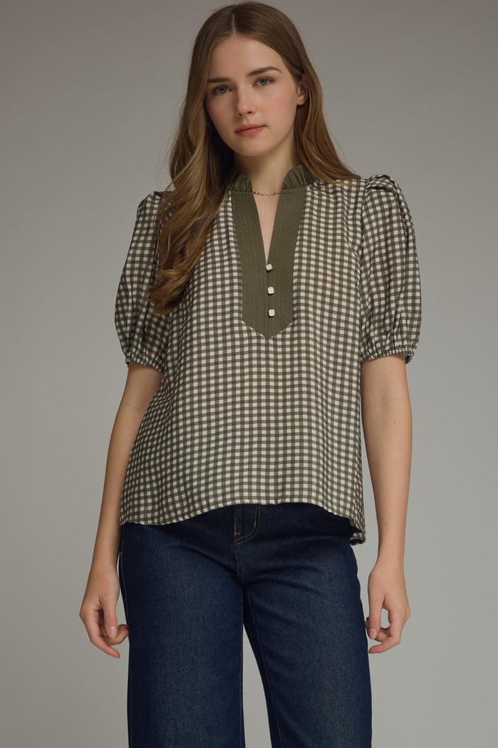 Model wearing the Entro Cherry Blossom Top in Red Bean