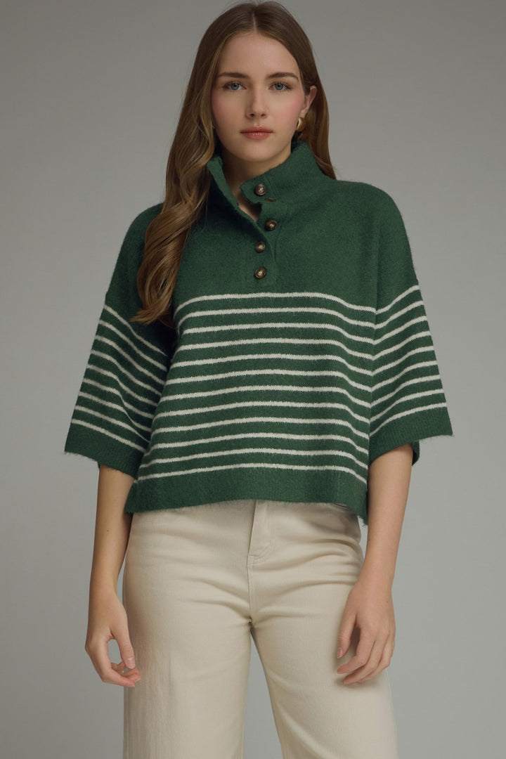 Model wearing the Entro Classic Stripe Top in Ecru
