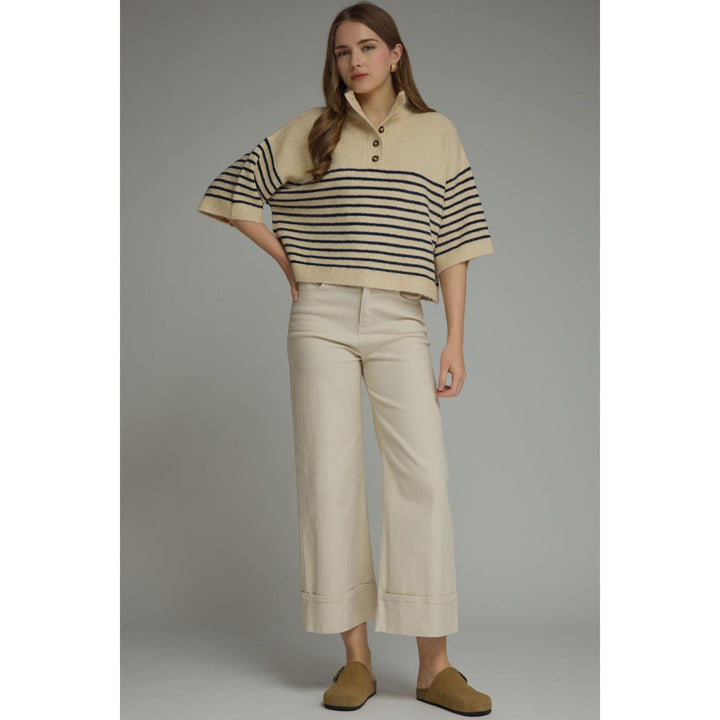 Model wearing the Entro Classic Stripe Top in Ecru