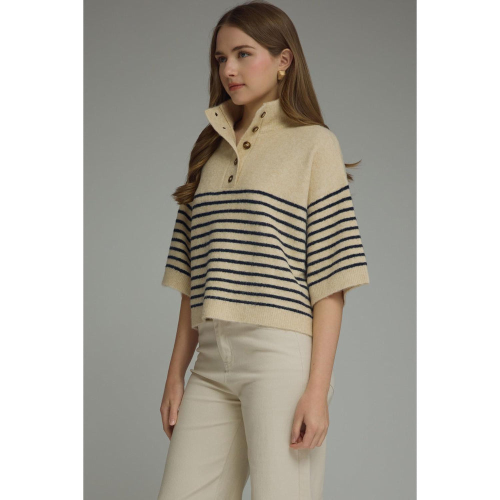 Model wearing the Entro Classic Stripe Top in Ecru