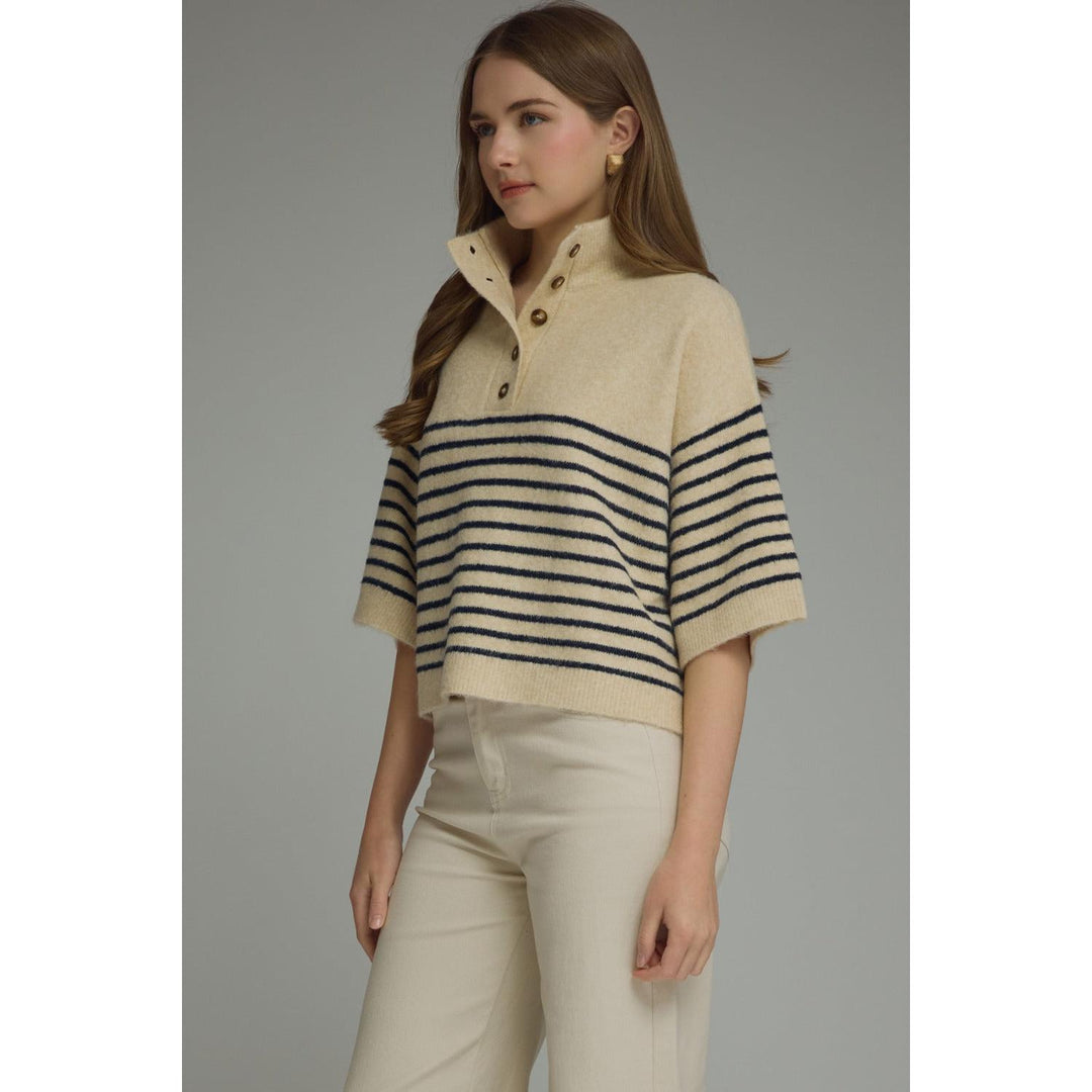 Model wearing the Entro Classic Stripe Top in Ecru
