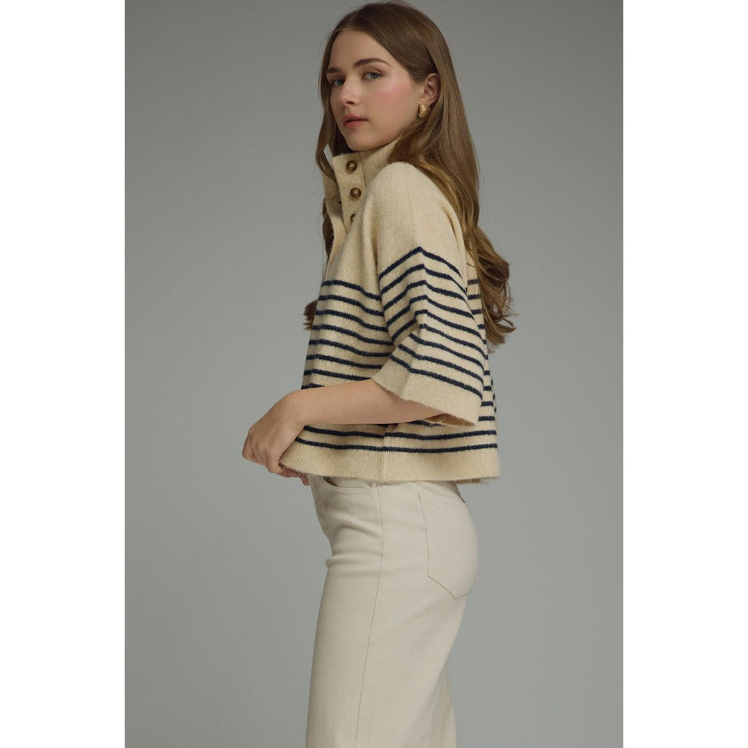 Model wearing the Entro Classic Stripe Top in Ecru