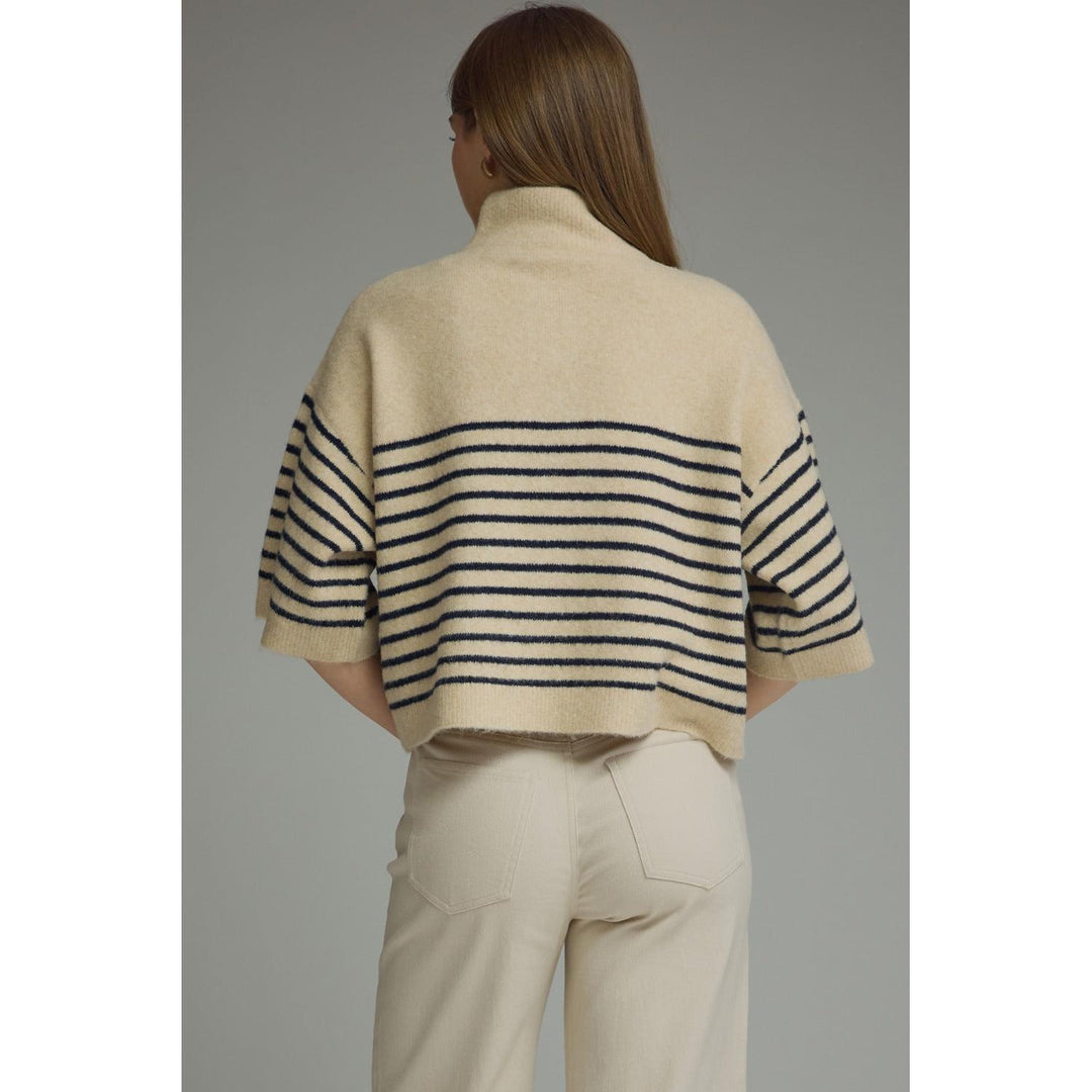 Model wearing the Entro Classic Stripe Top in Ecru