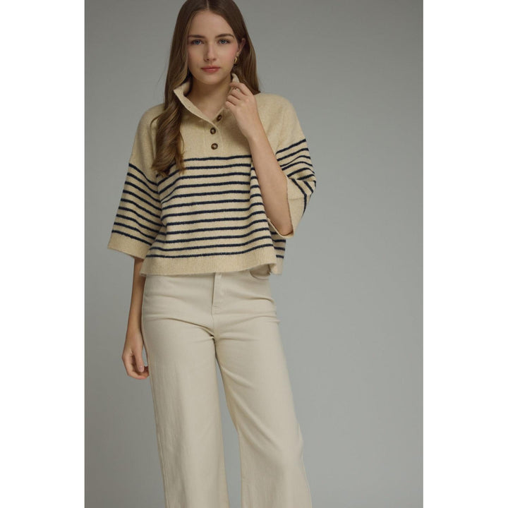 Model wearing the Entro Classic Stripe Top in Ecru