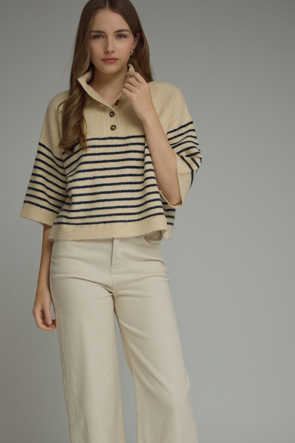 Model wearing the Entro Classic Stripe Top in Ecru