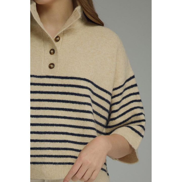 Model wearing the Entro Classic Stripe Top in Ecru