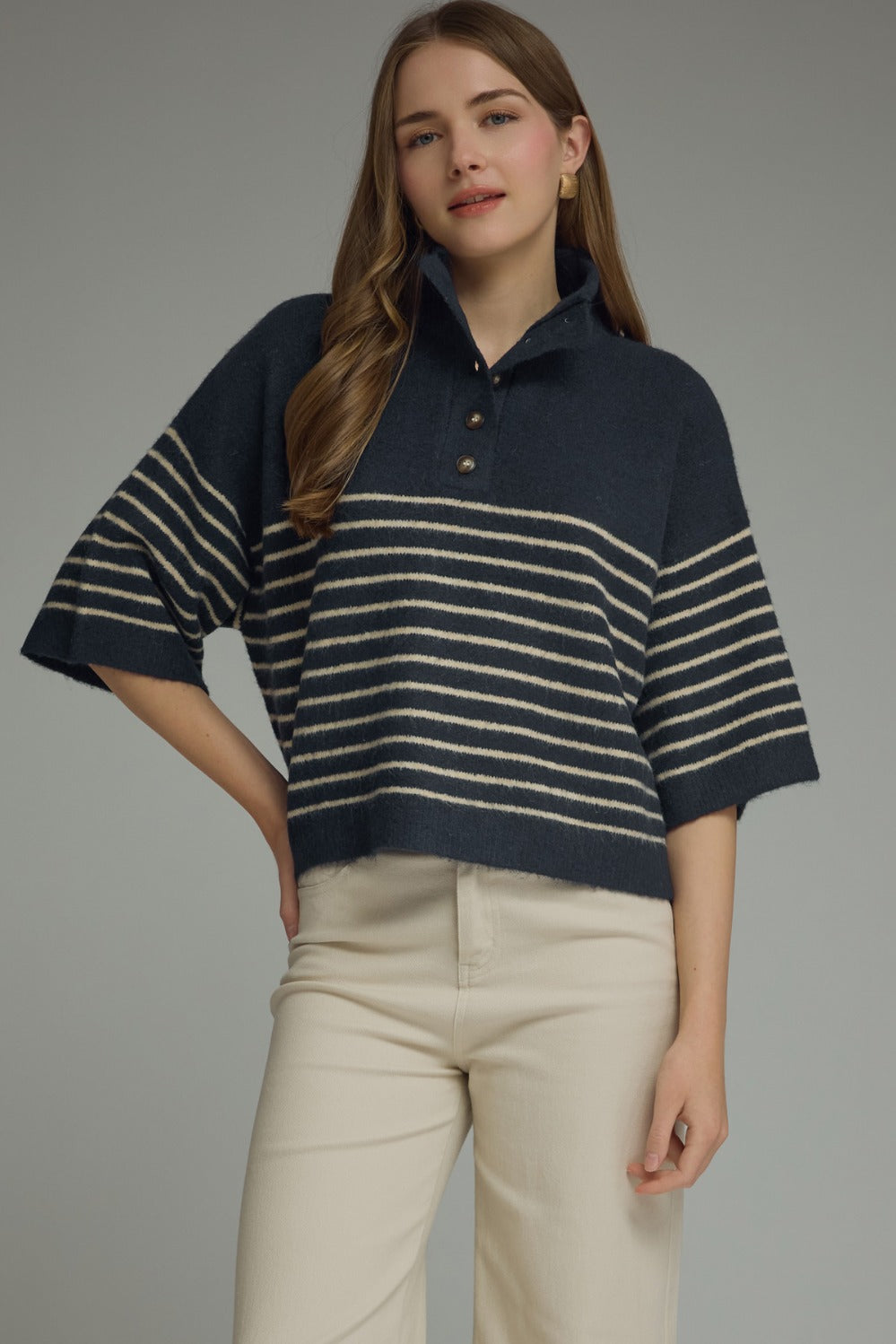 Model wearing the Entro Classic Stripe Top in Ecru