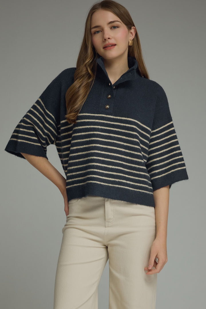 Model wearing the Entro Classic Stripe Top in Ecru