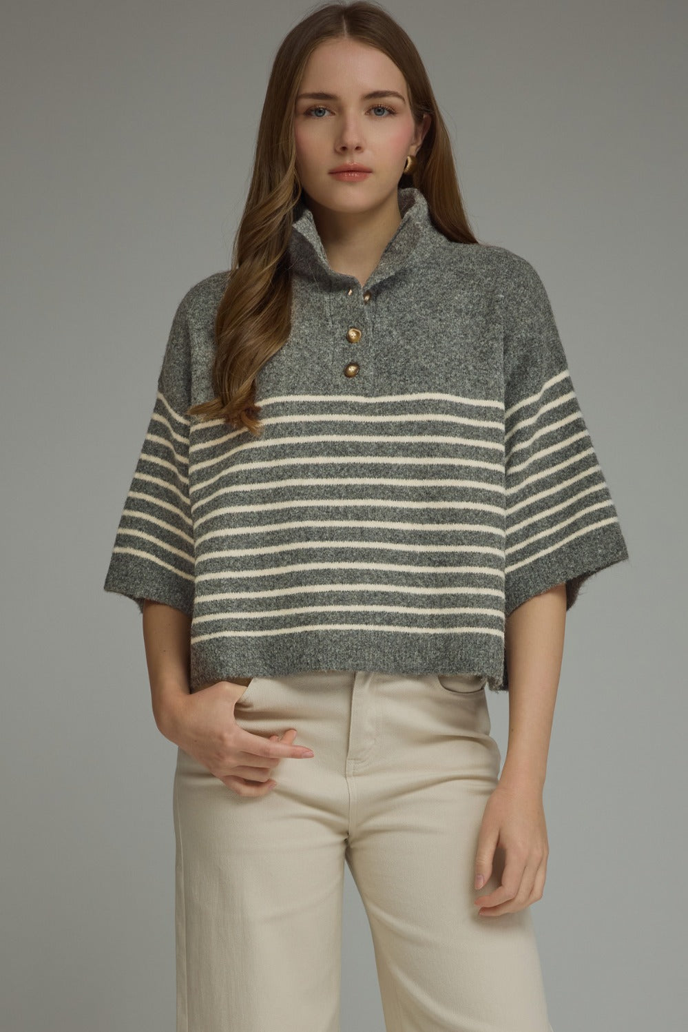Model wearing the Entro Classic Stripe Top in Ecru