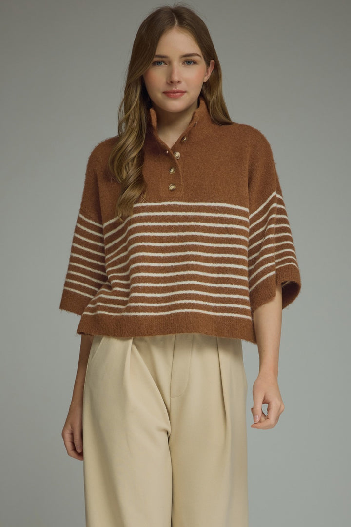 Model wearing the Entro Classic Stripe Top in Ecru