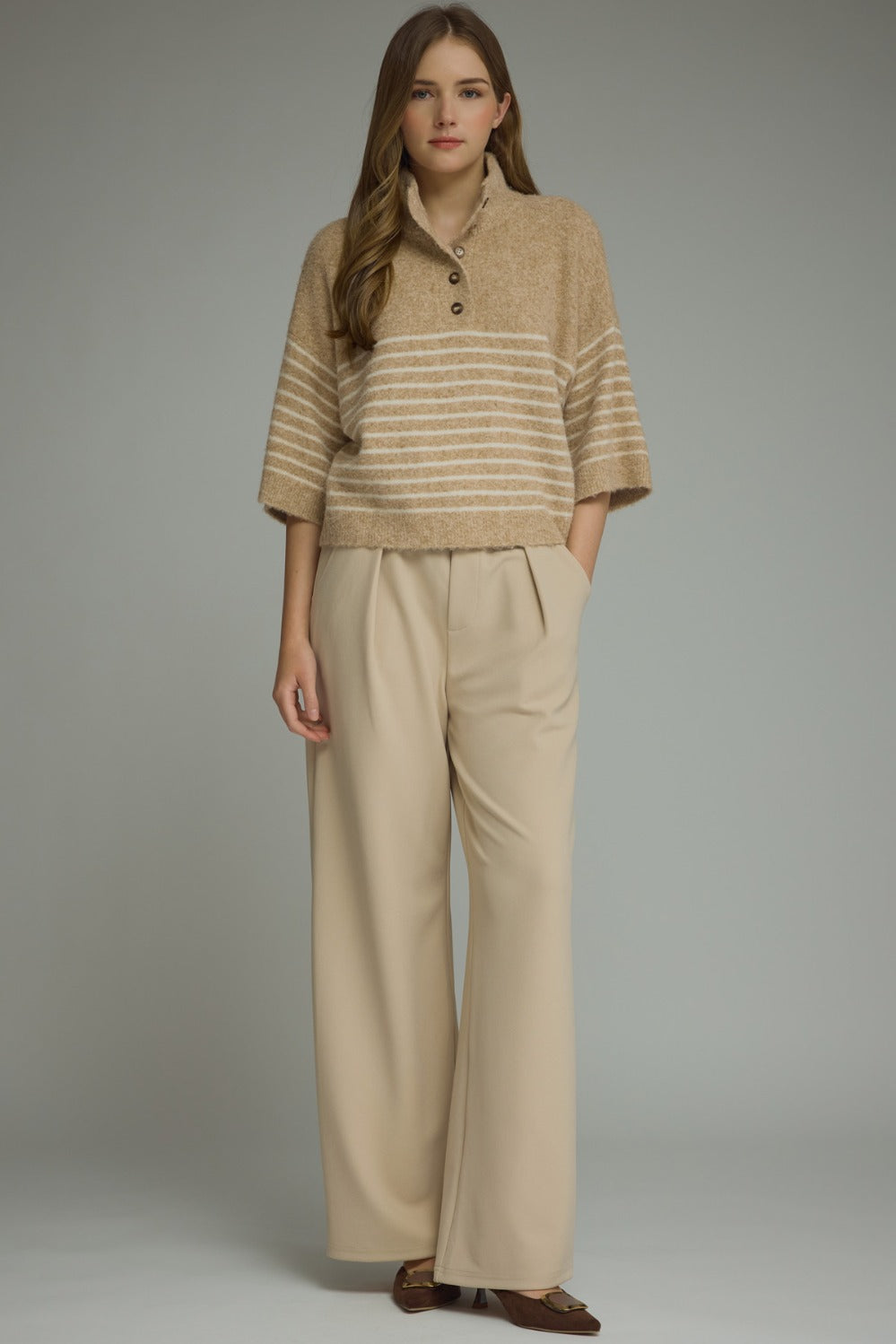 Model wearing the Entro Classic Stripe Top in Ecru