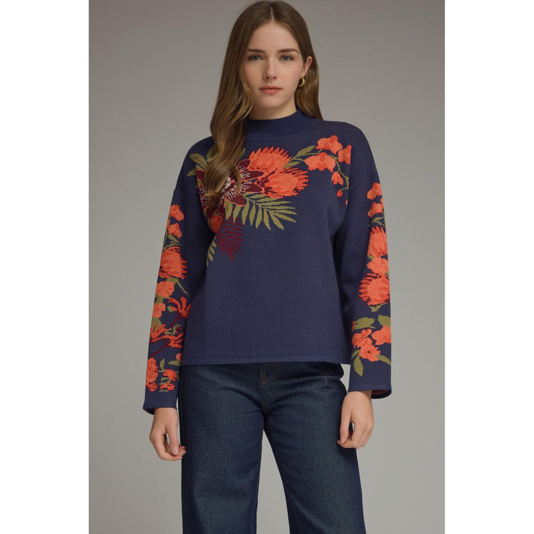 Model wearing the Entro Navy Bloom Top in Navy