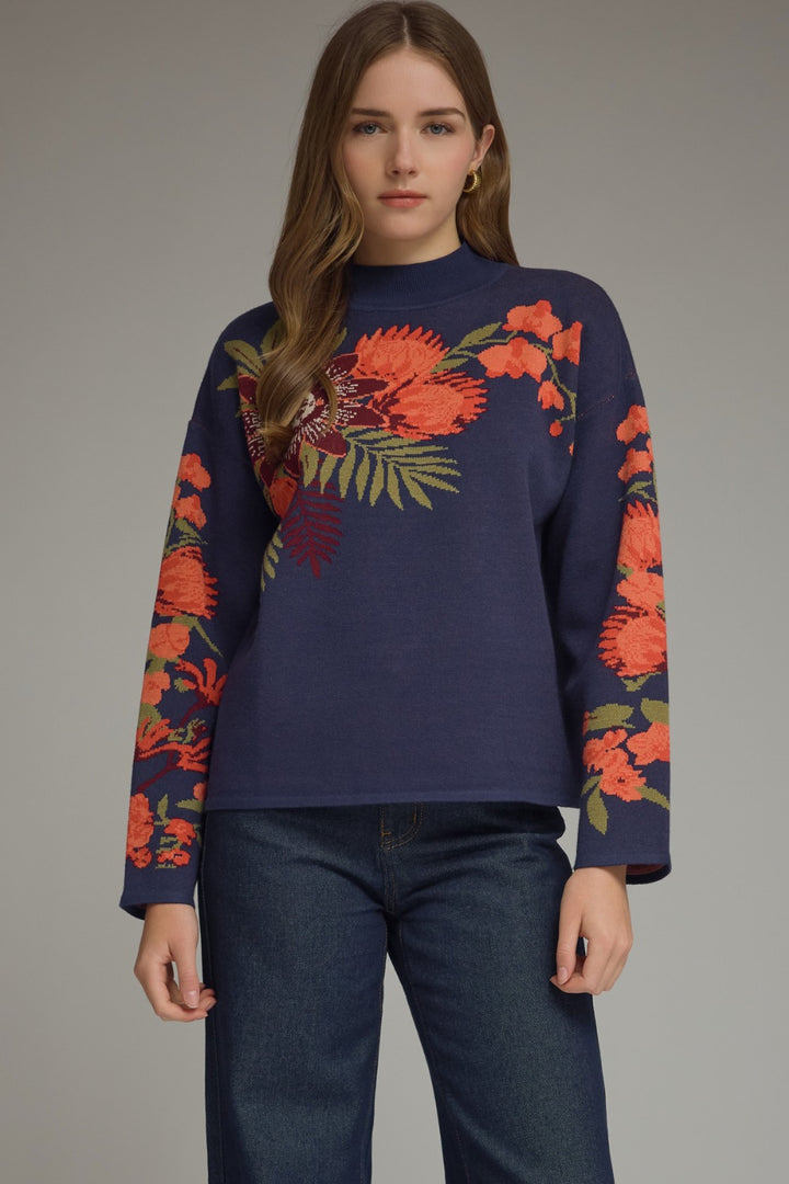 Model wearing the Entro Navy Bloom Top in Navy