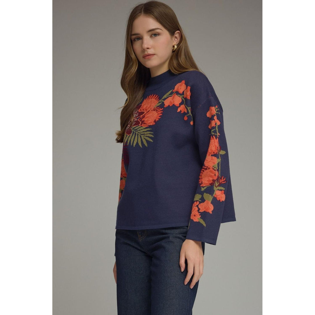 Model wearing the Entro Navy Bloom Top in Navy