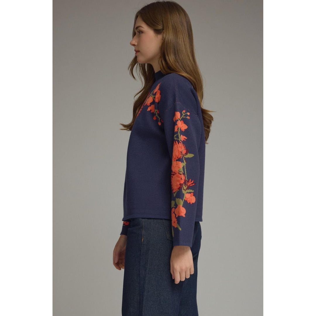 Model wearing the Entro Navy Bloom Top in Navy