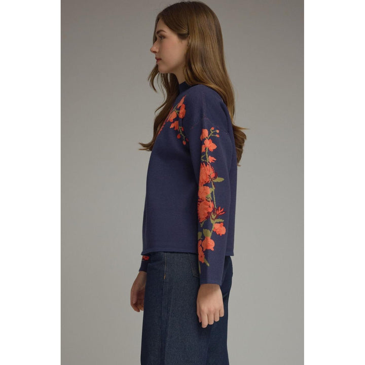Model wearing the Entro Navy Bloom Top in Navy