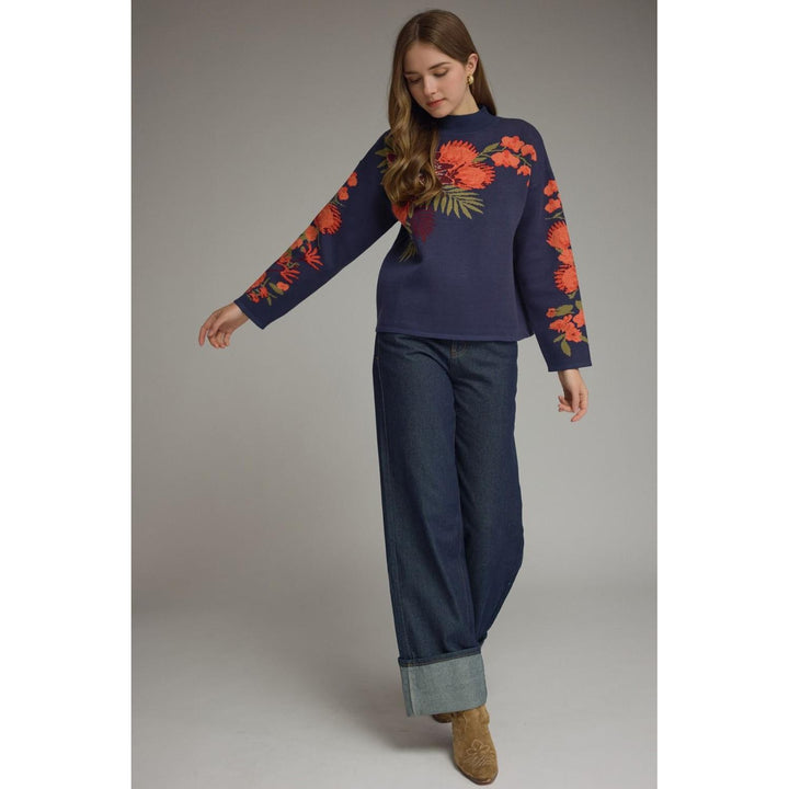 Model wearing the Entro Navy Bloom Top in Navy