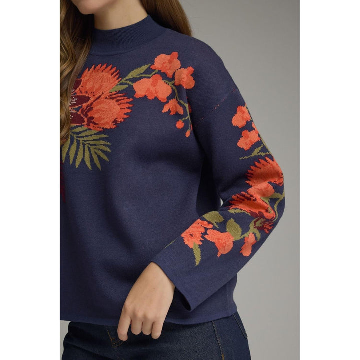 Model wearing the Entro Navy Bloom Top in Navy