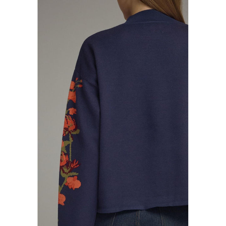 Model wearing the Entro Navy Bloom Top in Navy