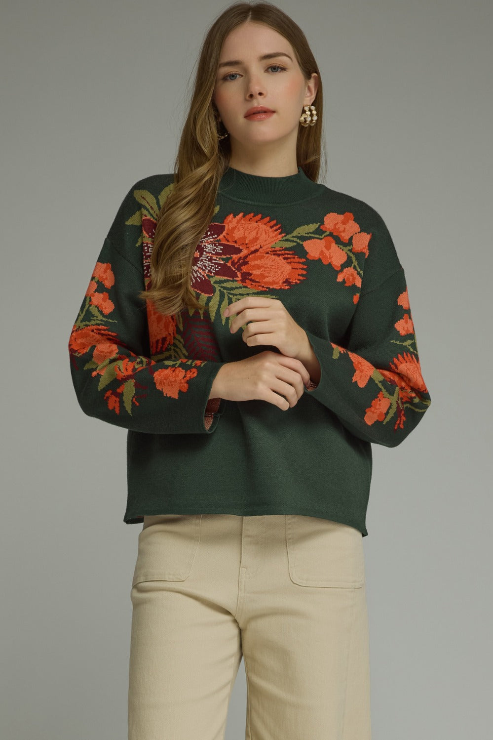 Model wearing the Entro Navy Bloom Top in Navy