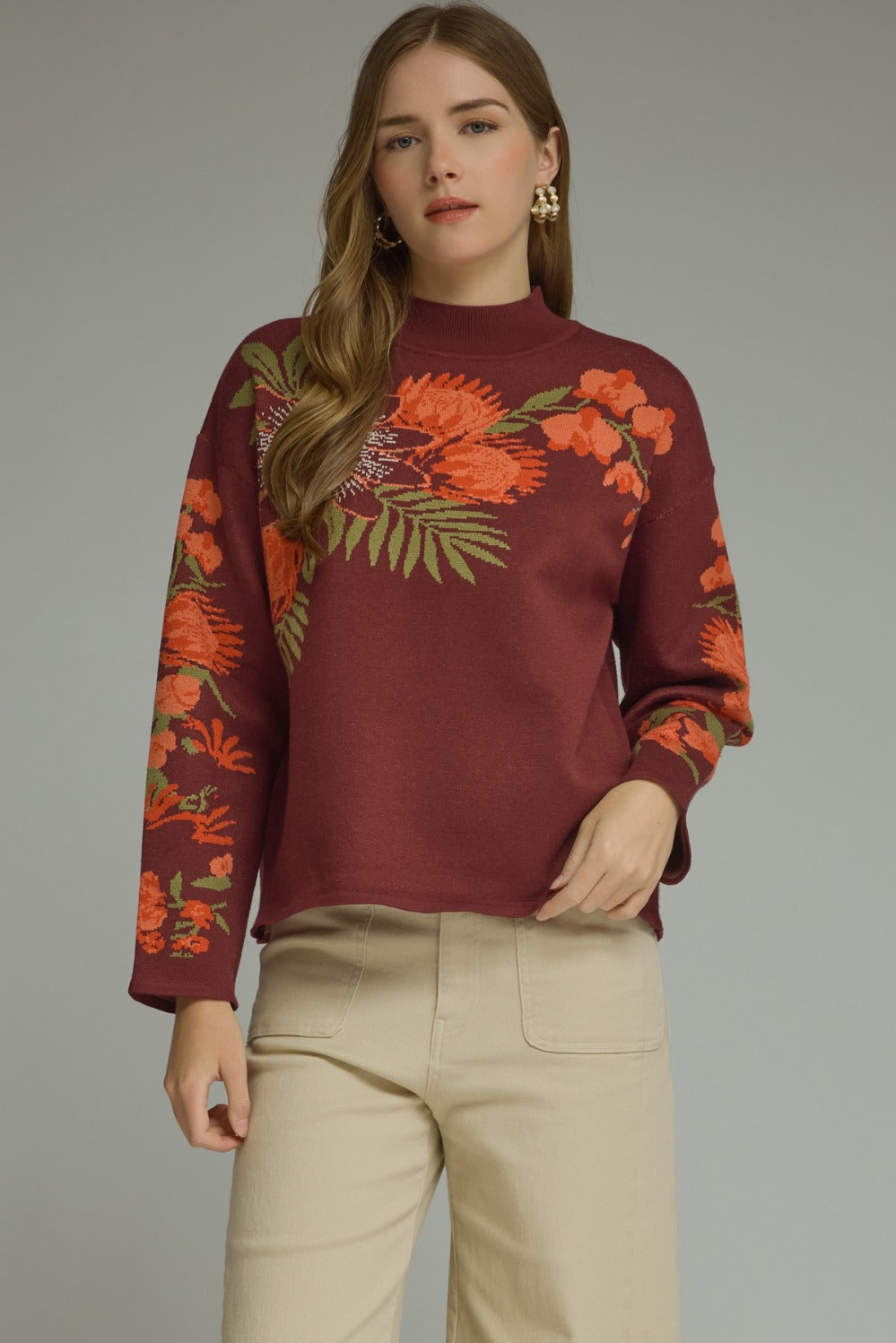 Model wearing the Entro Navy Bloom Top in Navy