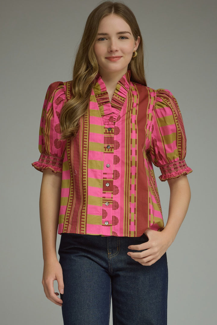 Model wearing the Entro Rosette Top in Rust Pink