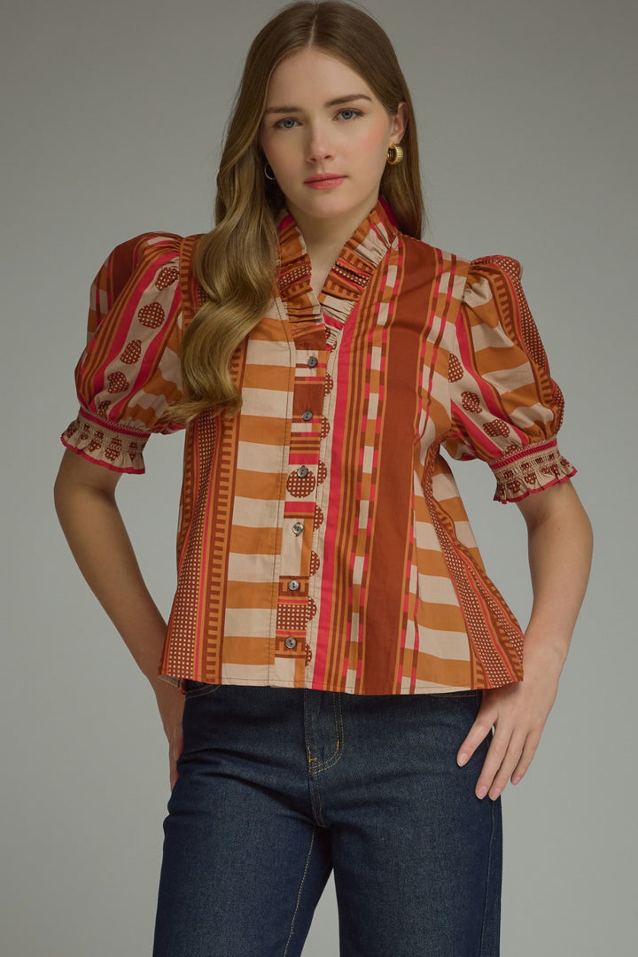 Model wearing the Entro Rosette Top in Rust Pink