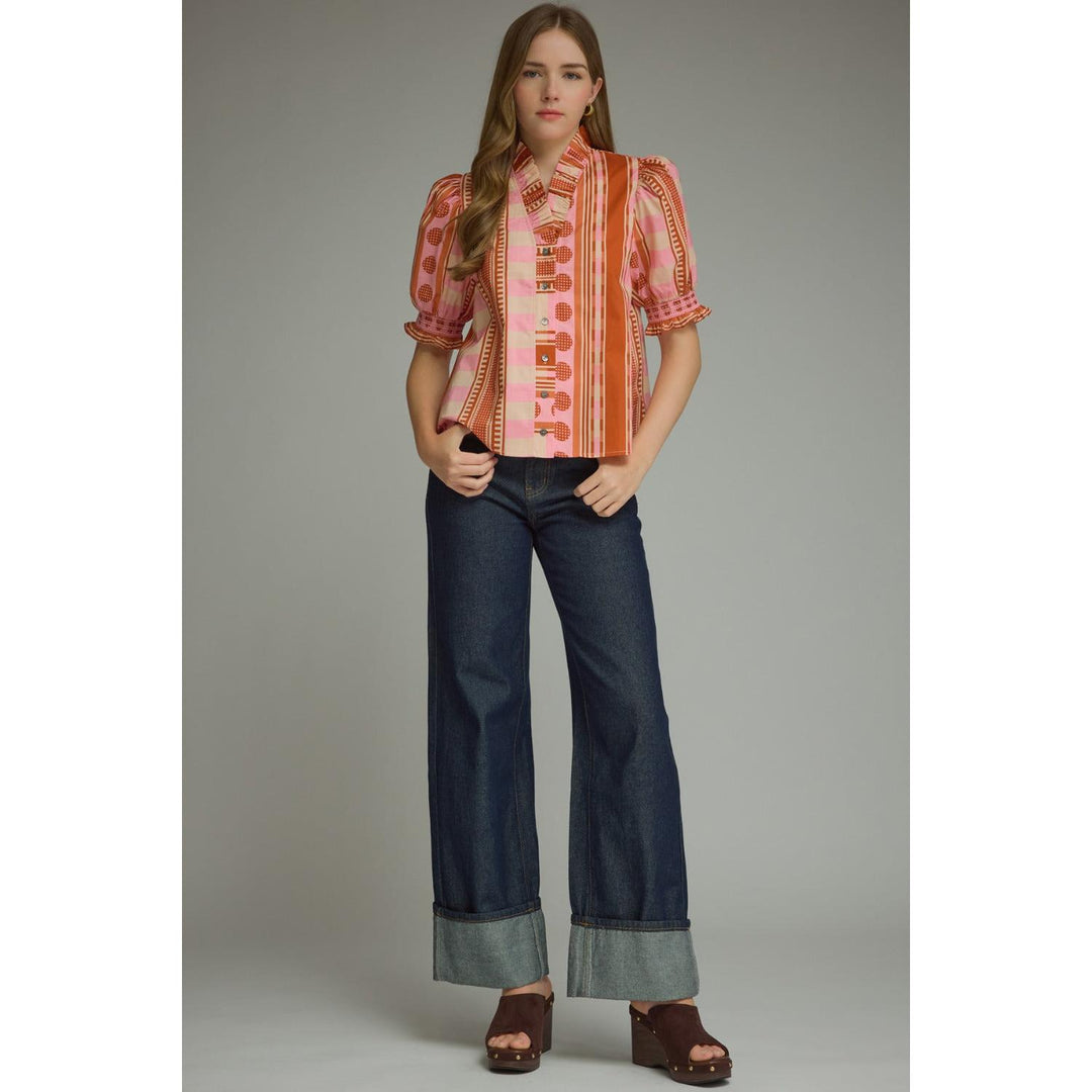 Model wearing the Entro Rosette Top in Rust Pink