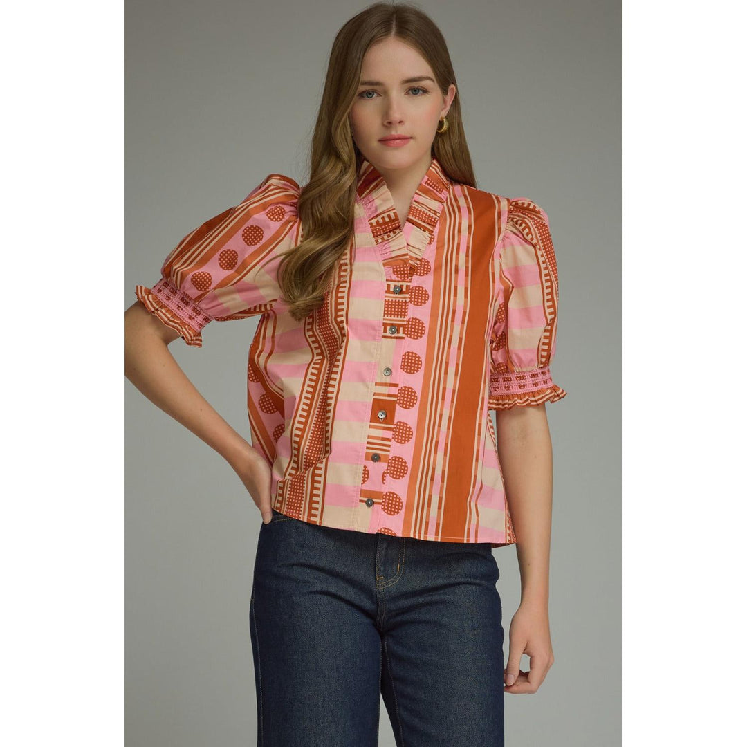 Model wearing the Entro Rosette Top in Rust Pink