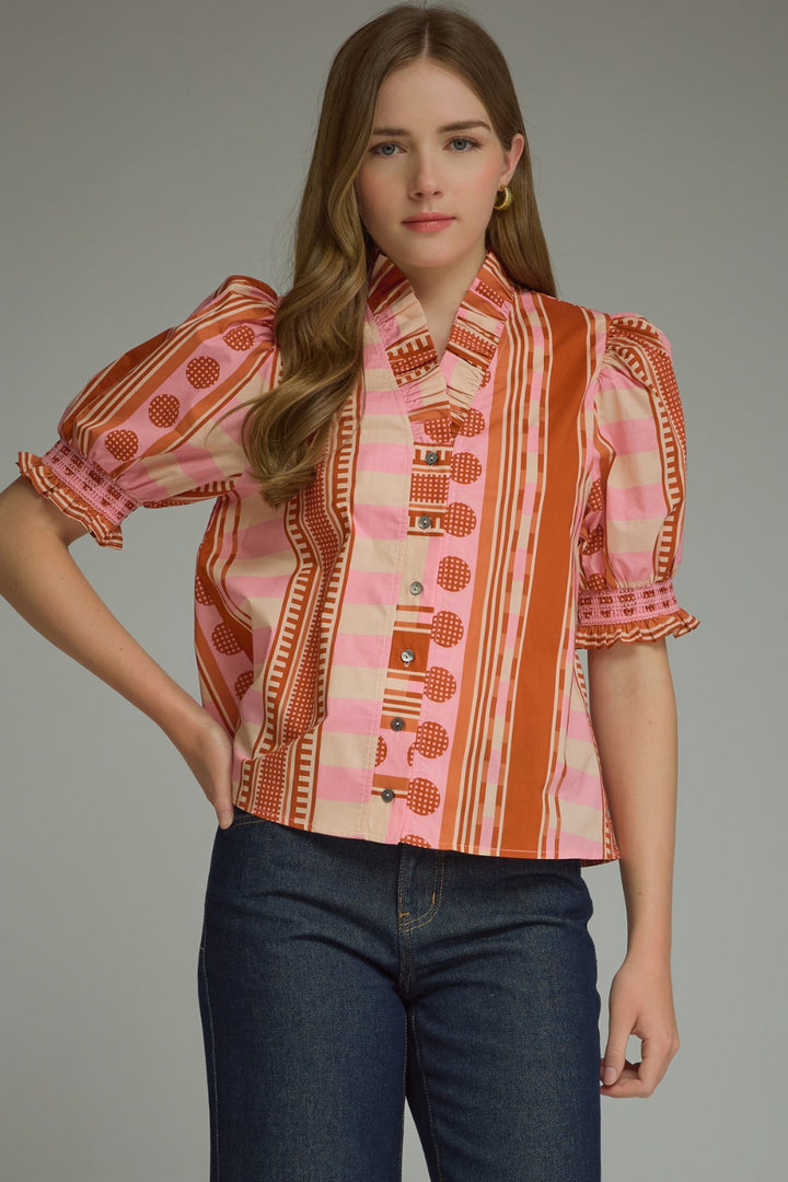 Model wearing the Entro Rosette Top in Rust Pink