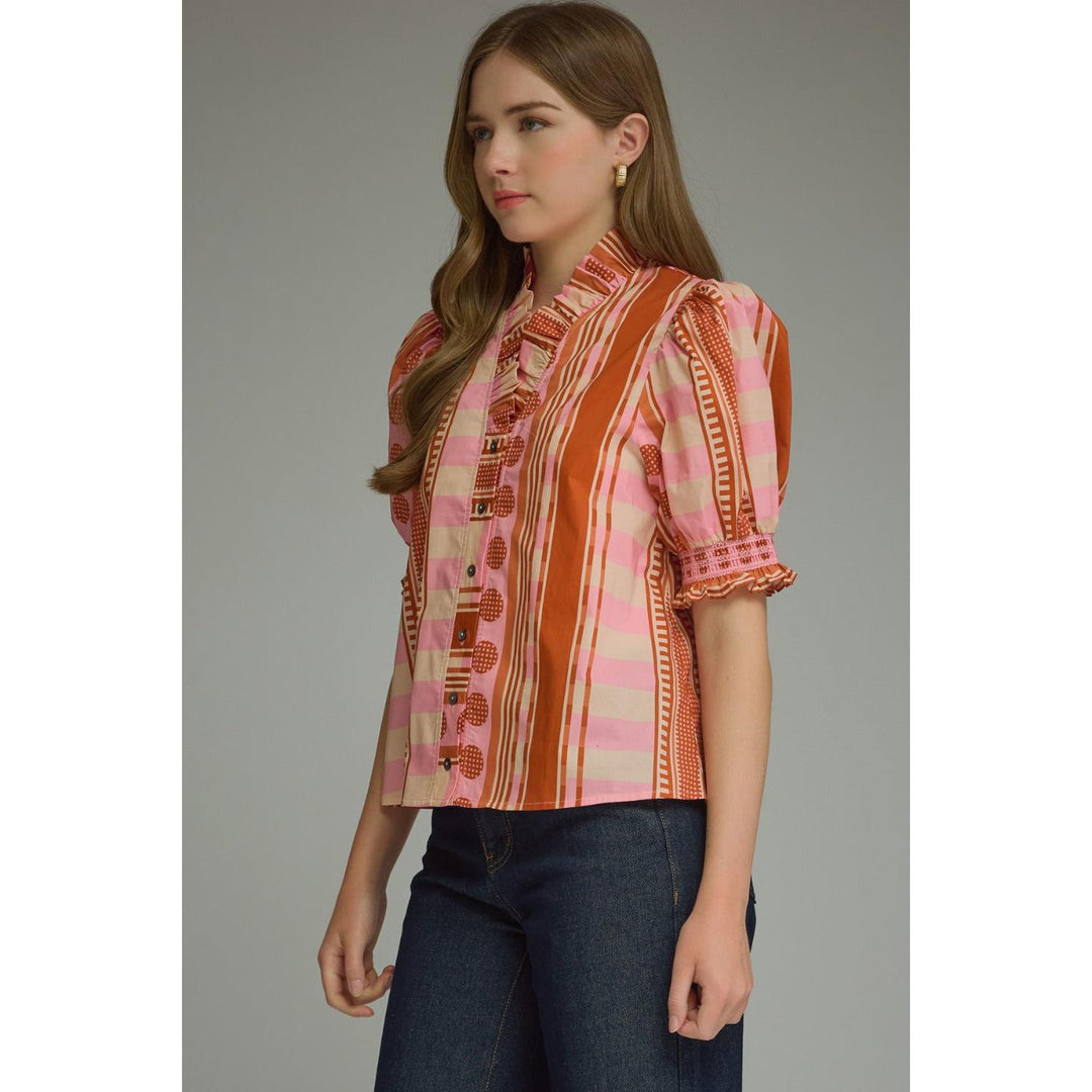 Model wearing the Entro Rosette Top in Rust Pink