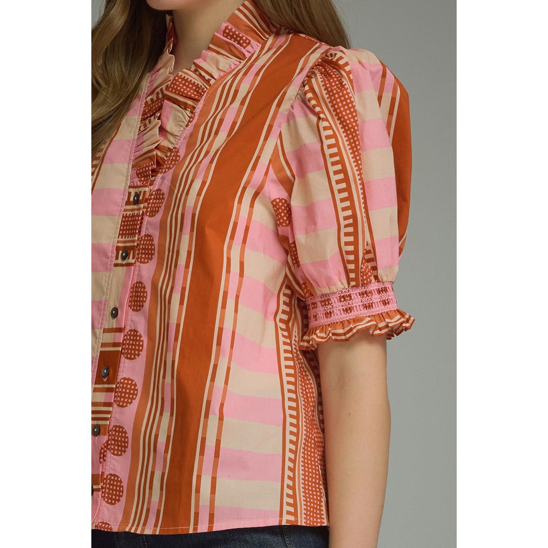 Model wearing the Entro Rosette Top in Rust Pink