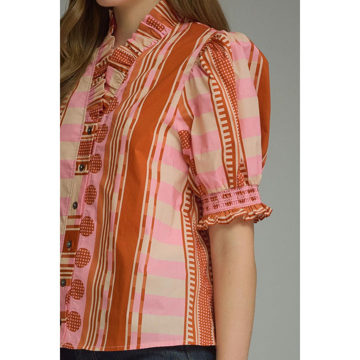 Model wearing the Entro Rosette Top in Rust Pink