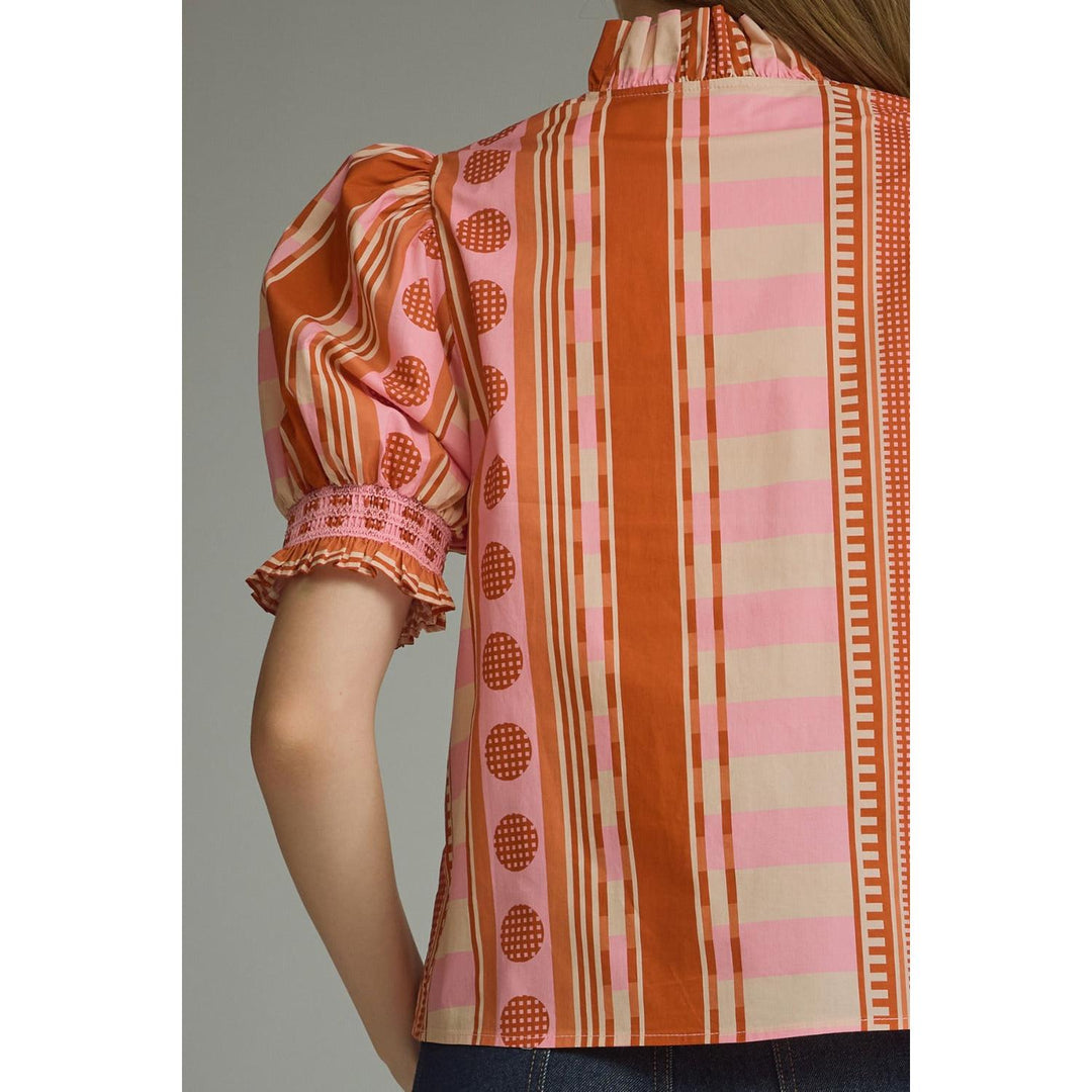 Model wearing the Entro Rosette Top in Rust Pink
