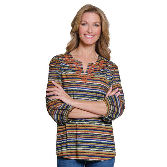 3/4 Sleeve Notch Neck Embroidered Top
