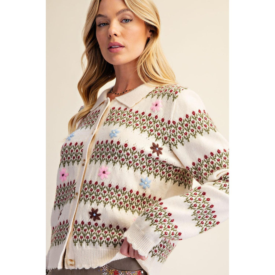 Natural collared button-front cardigan with scalloped edges