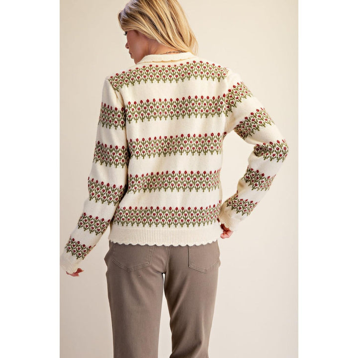 Back view of Easel natural embroidered knitted cardigan