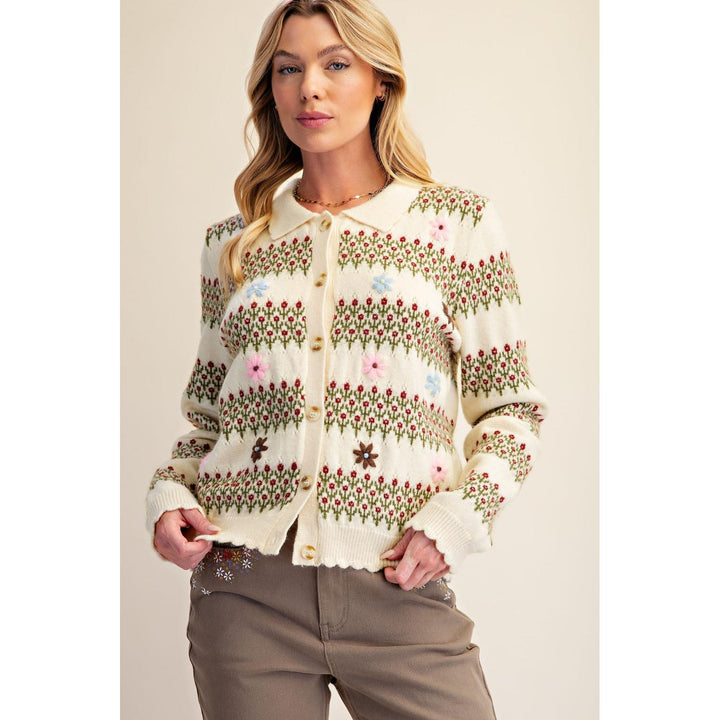 Side view of natural floral stripe cardigan, relaxed fit