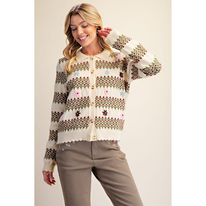 Lucinda natural embroidered knit cardigan with floral stripe pattern, front view