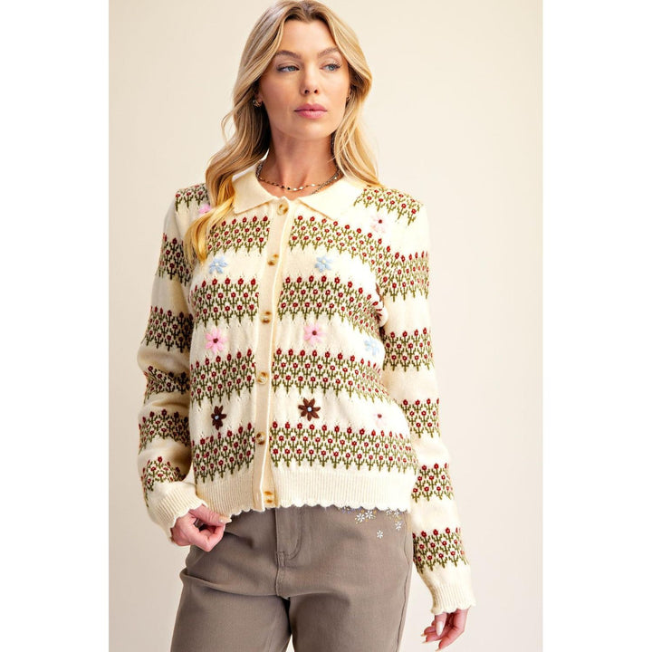Close-up of mini floral stripe knit and embroidery on Easel cardigan