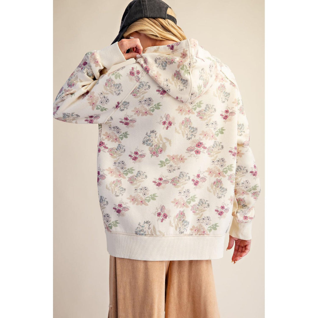 Back view of ecru floral print hooded pullover