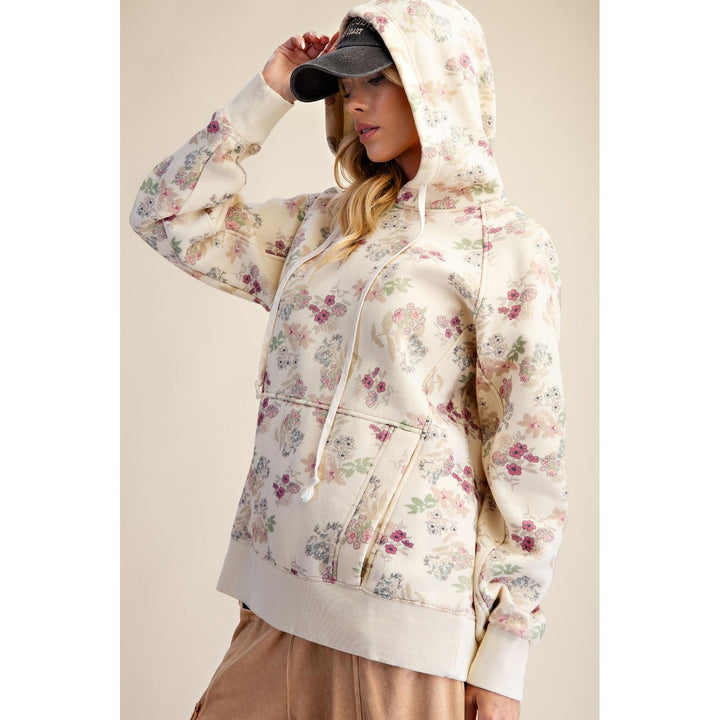 Imogen ecru floral print mineral washed hooded pullover, front view
