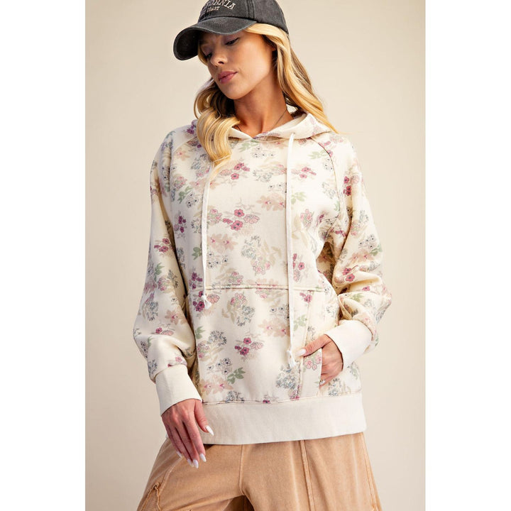 Ecru brushed terry floral hoodie with drawstring hood and kangaroo pocket