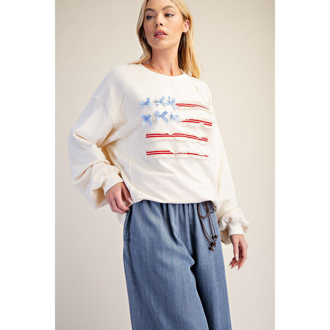 Libby ivory mineral washed American flag pullover, front view