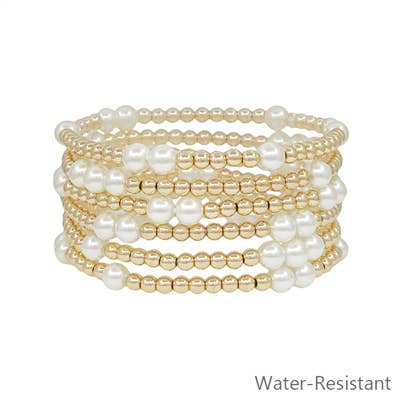 Gold Beaded and Pearl Water Resistant Stretch Bracelet