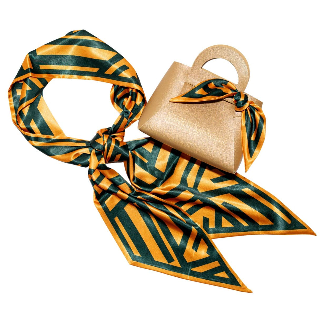 Winton & Waits Game Day Accessory Scarf in Green and Gold — modal satin twilly style, 54 inches