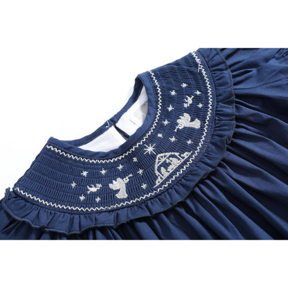 Blue Nativity Smocked Ruffle Bishop Dress