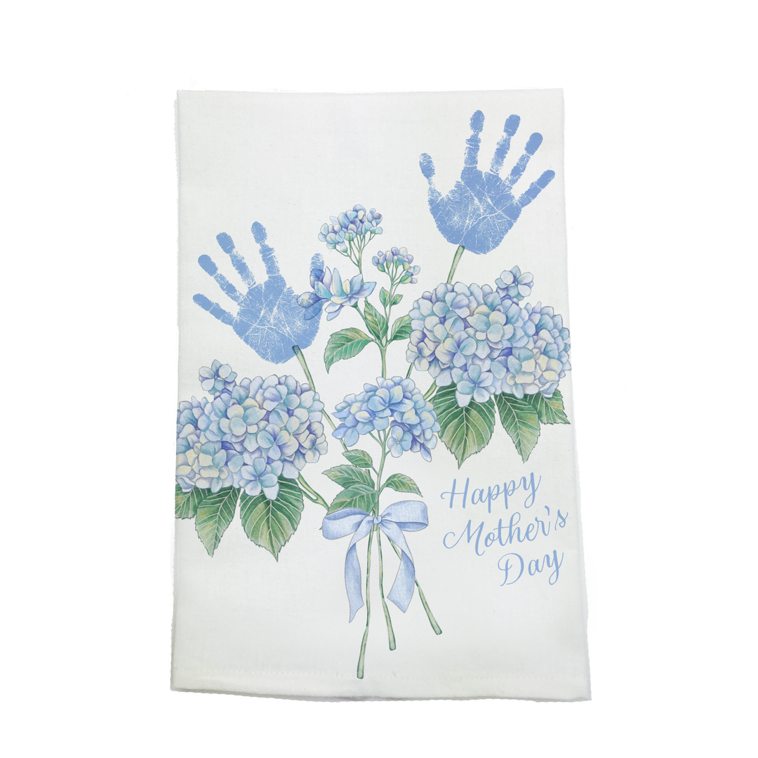 Nola Tawk DIY Mother's Day kitchen towel with blue hydrangea bouquet and spaces for children's handprints.