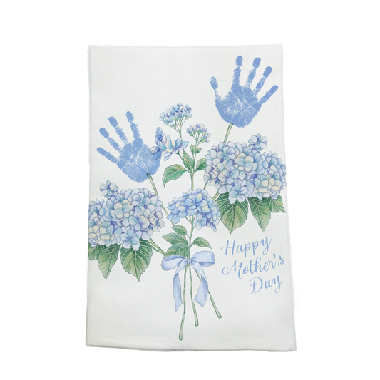 Nola Tawk DIY Mother's Day kitchen towel with blue hydrangea bouquet and spaces for children's handprints.